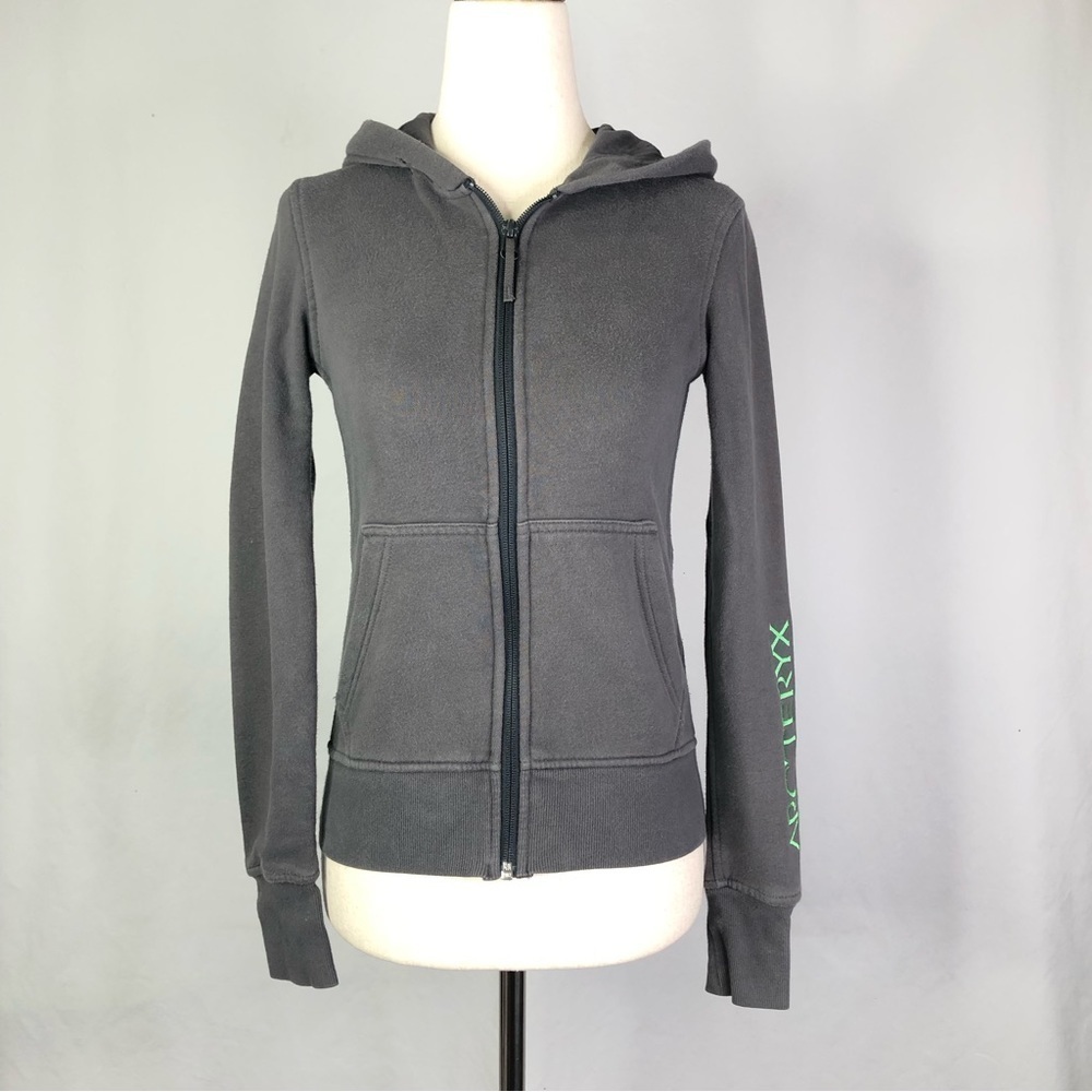 Arc'teryx hoodie full zip brand embroidery on sleeve grey gray green XS